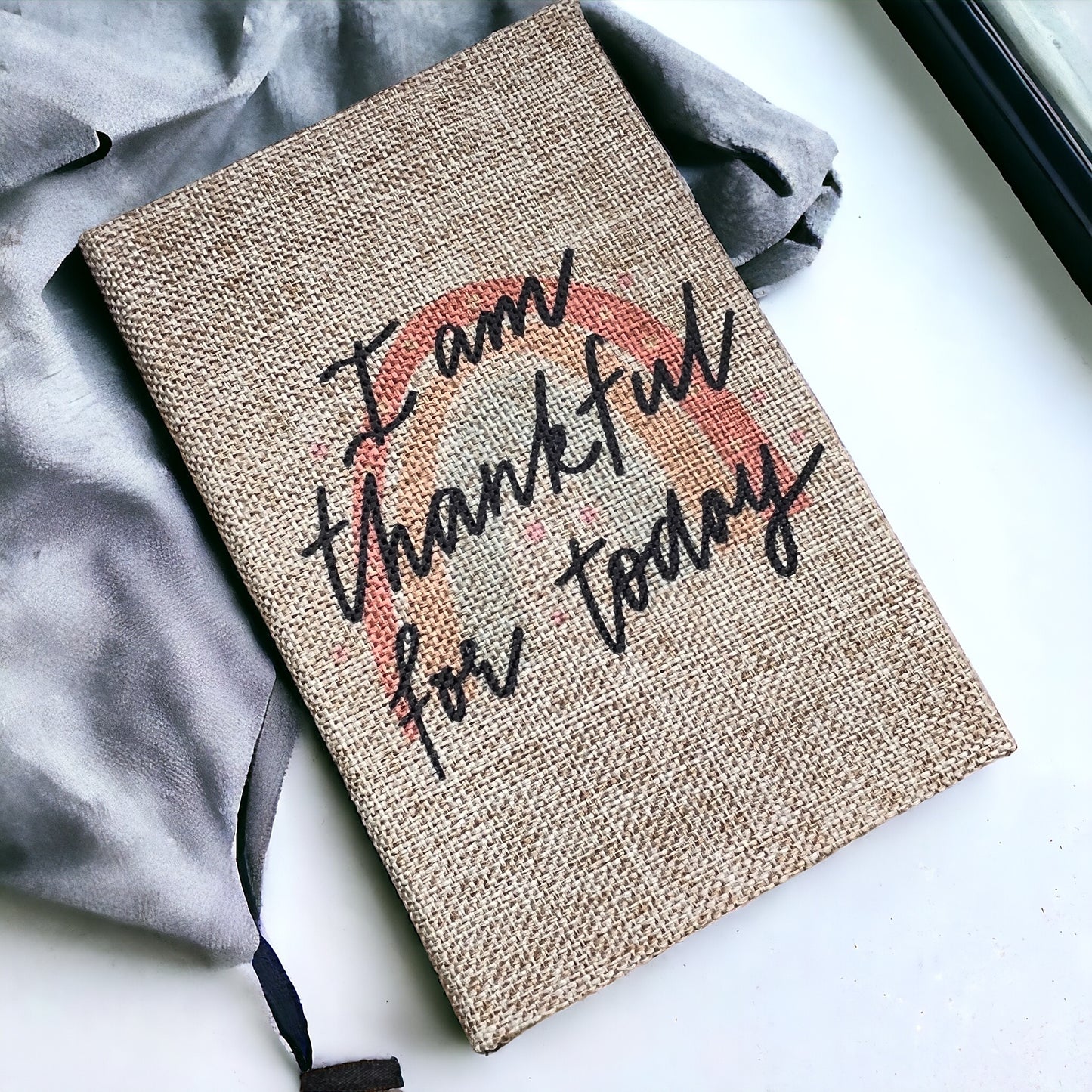 I am Thankful for Today - Affirmation Quote Burlap Notebook Journal with Lined Pages