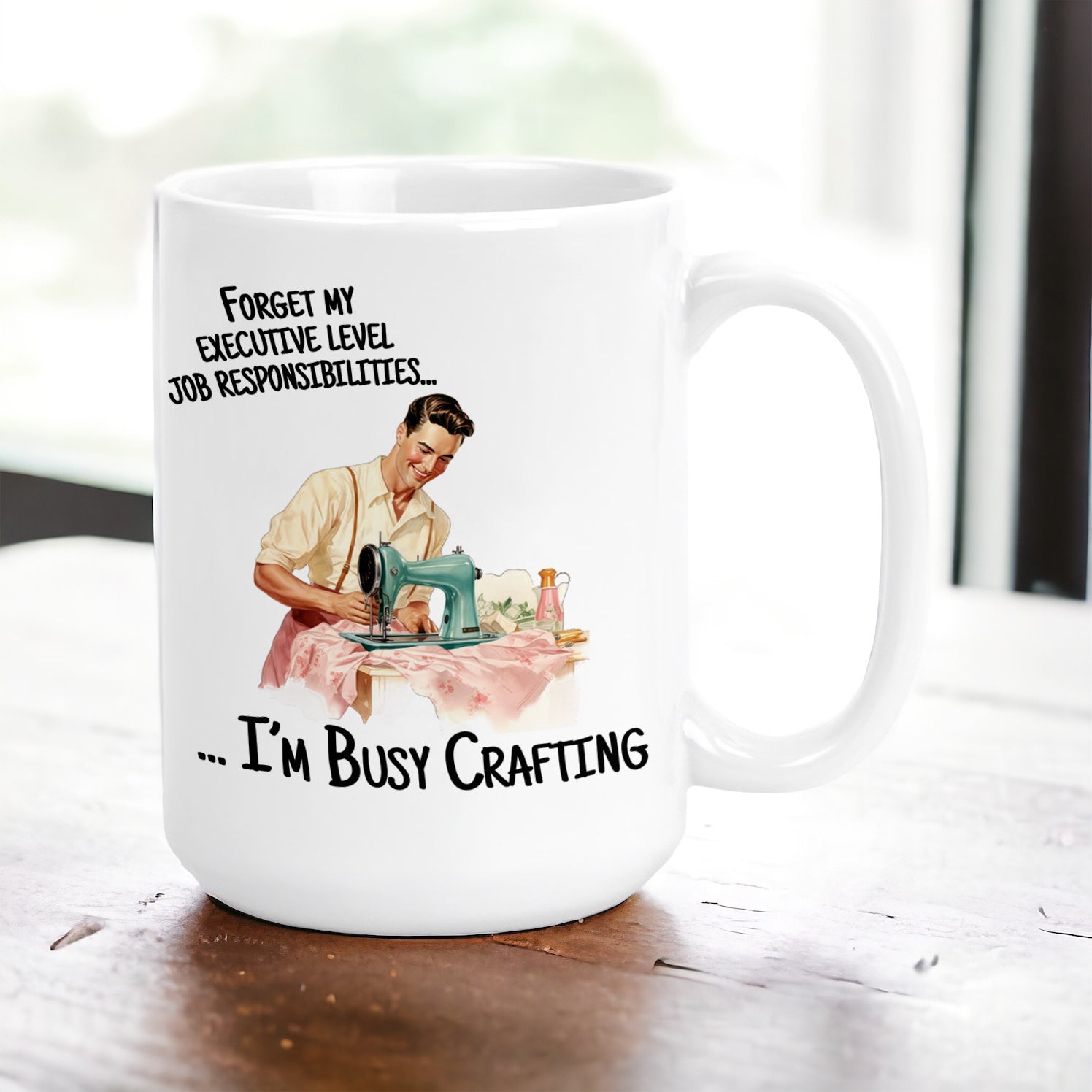 I'm Busy Crafting 15 oz Ceramic Coffee Mug with Vintage Graphic