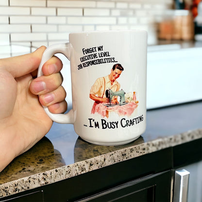 I'm Busy Crafting 15 oz Ceramic Coffee Mug with Vintage Graphic