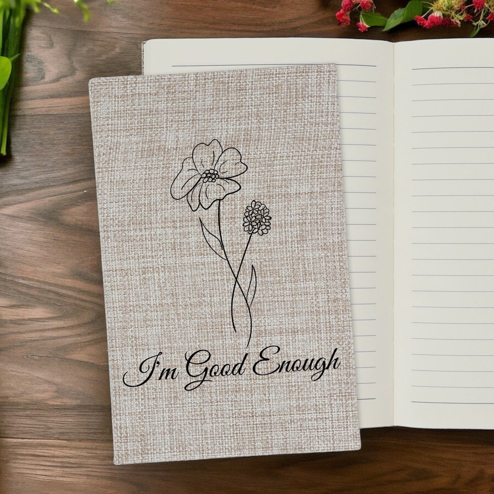 I'm Good Enough - Affirmation Quote Burlap Notebook Journal with Lined Pages