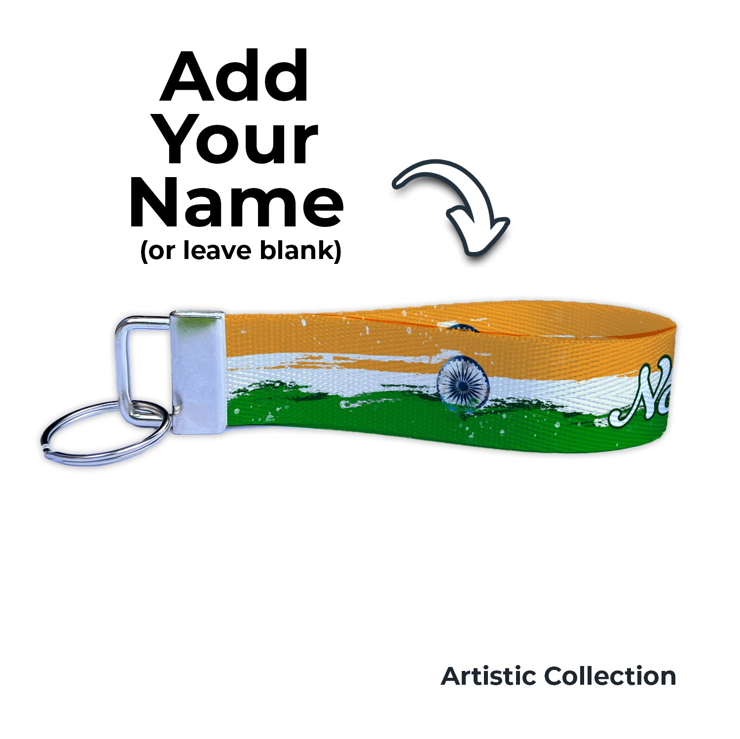 Artistic Indian - India Flag Personalized Name Nylon Key Fob - Custom Wristlet Keychain