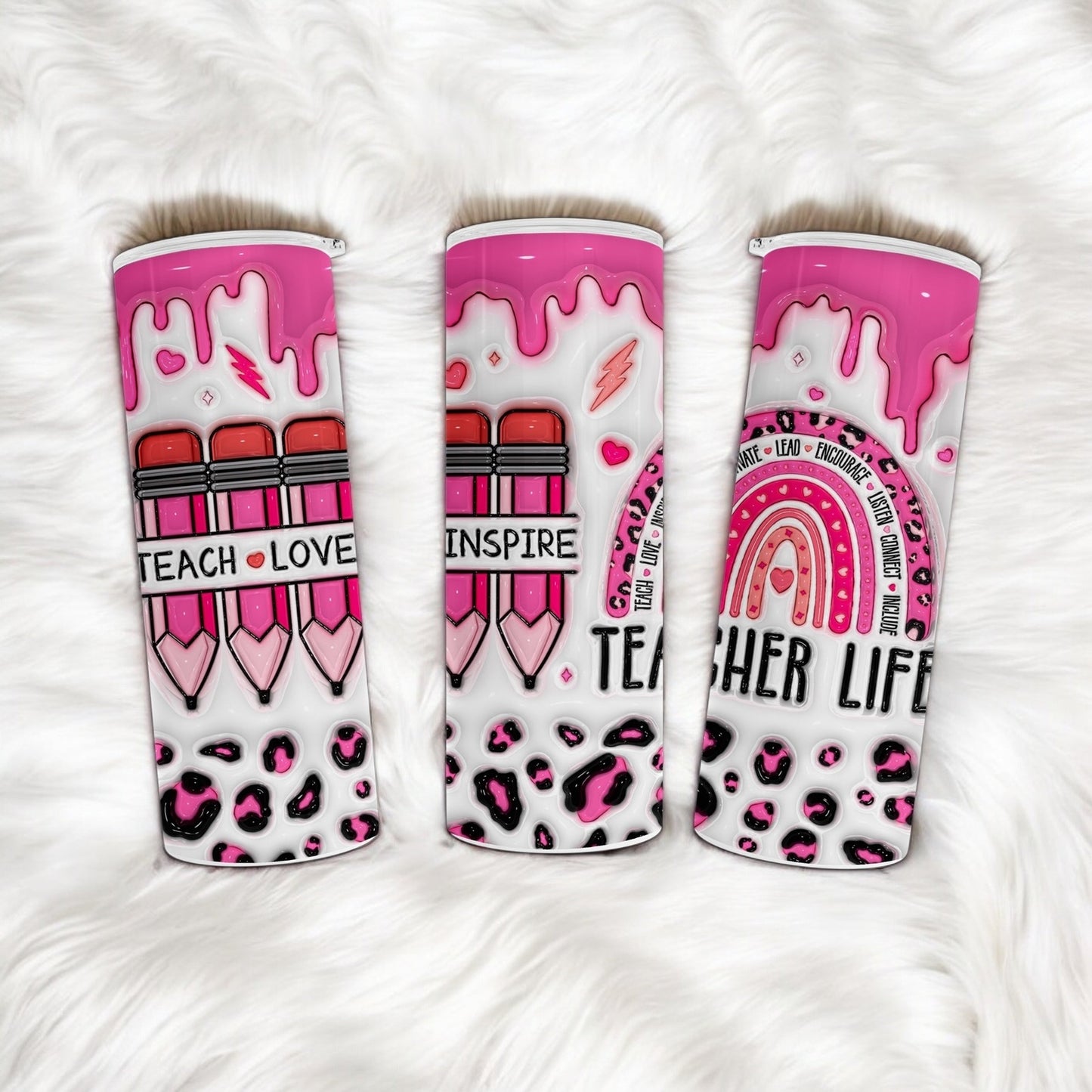 Inspirational Teacher Quotes Tumbler with Pink Drip and Fun Animal Print - 3D Inflated Look Design - Unique Teacher Appreciation Gift