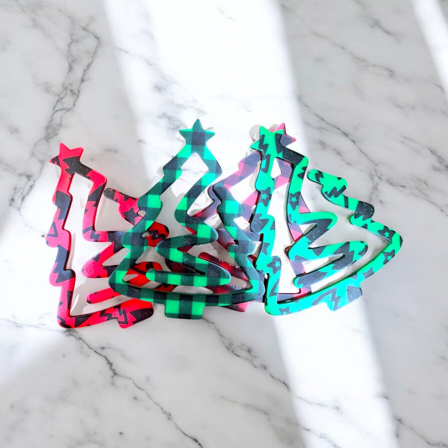 Jumbo Christmas Tree Shape Paper Clips - Holiday Pattern Colored Acrylic Bookmarks - Set of 6