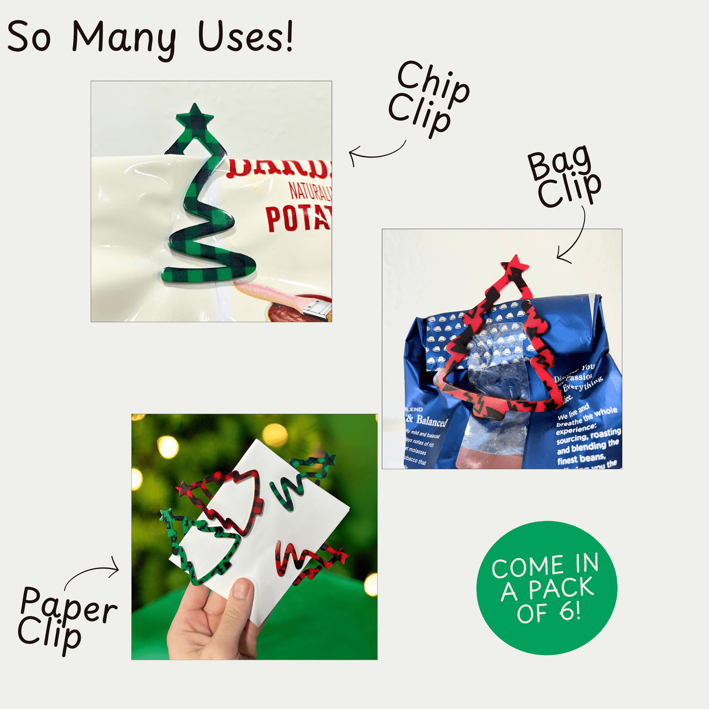 Jumbo Christmas Tree Shape Paper Clips - Holiday Pattern Colored Acrylic Bookmarks - Set of 6