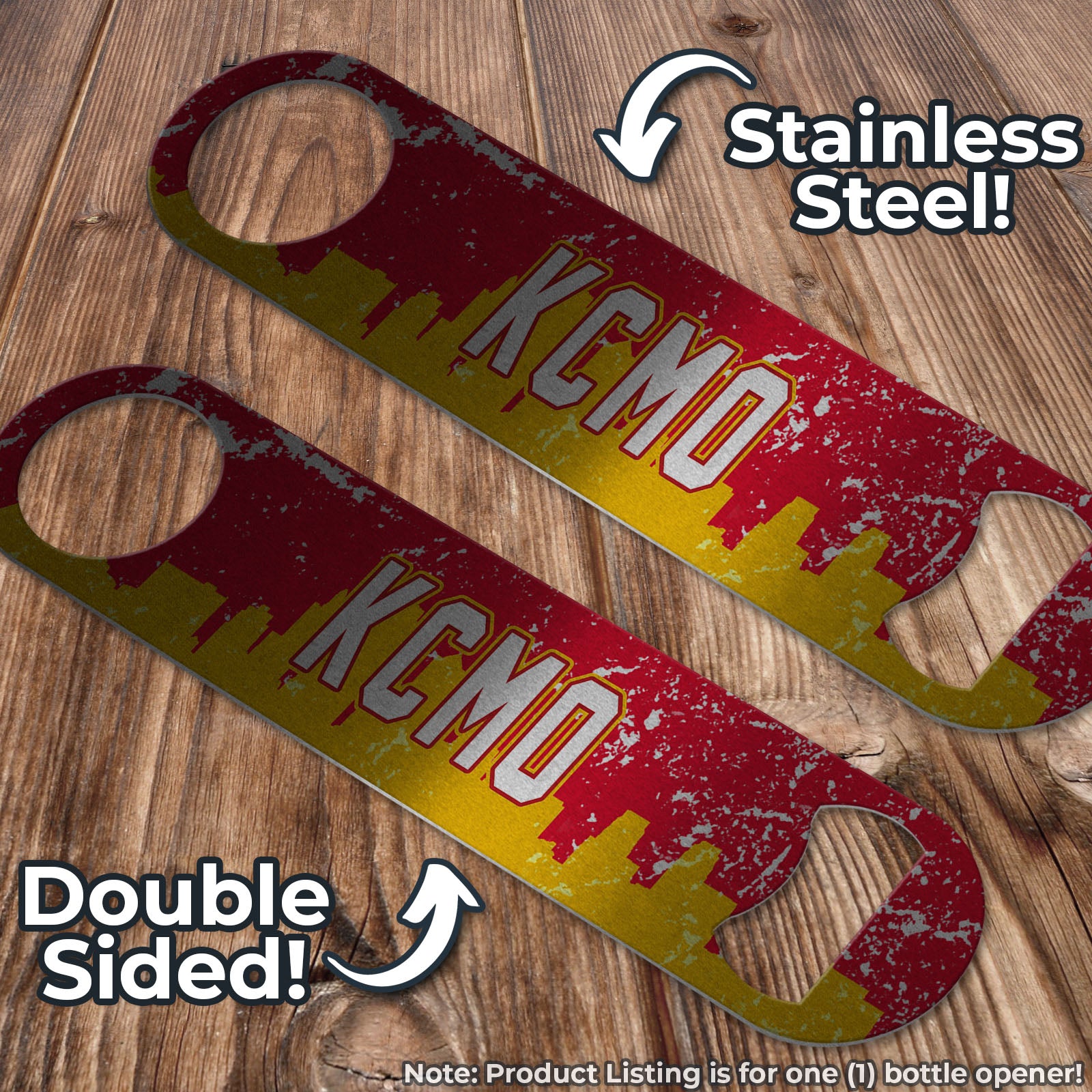 KCMO Distressed Yellow and Red SKYLINE Football Themed Pub Style Stainless Steel Bottle Opener