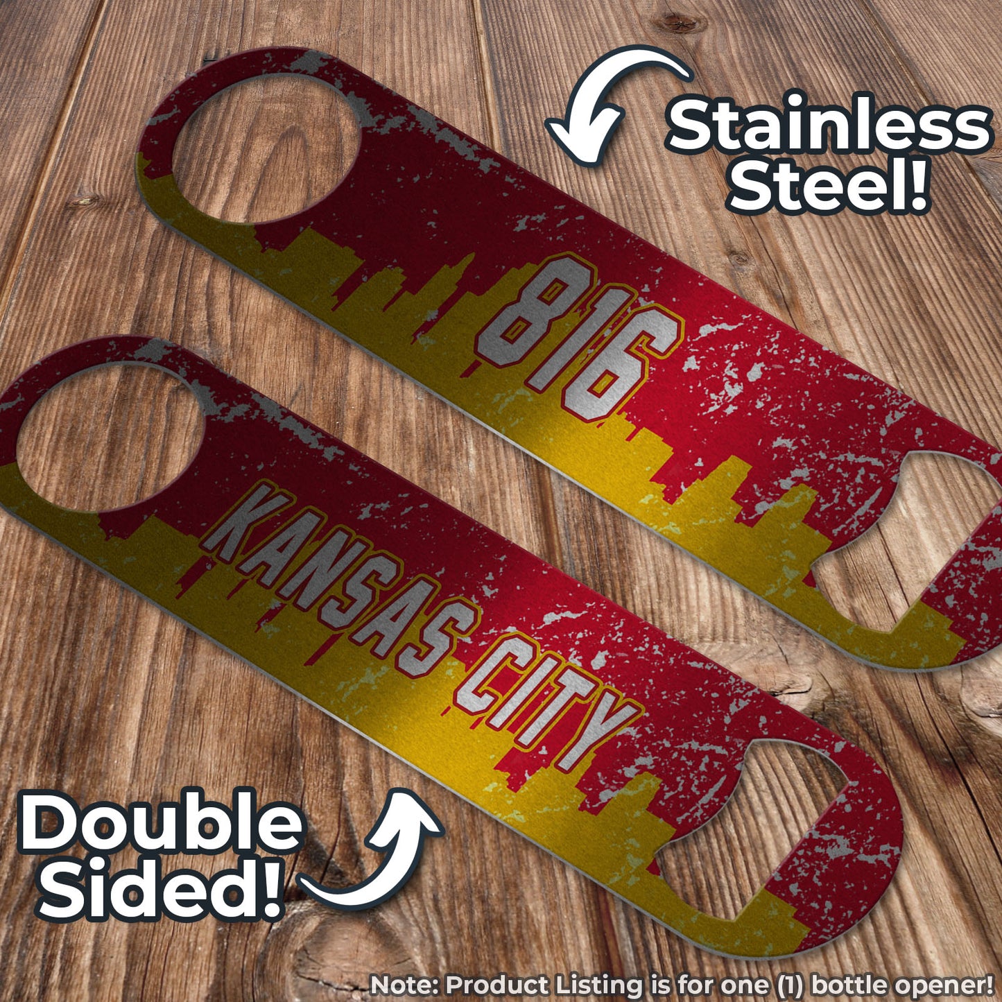 Kansas City 816 Distressed Yellow and Red SKYLINE Football Themed Pub Style Stainless Steel Bottle Opener