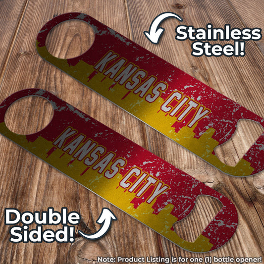 Kansas City Distressed Yellow and Red SKYLINE Football Themed Pub Style Stainless Steel Bottle Opener
