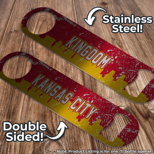 Kansas City Kingdom Distressed Yellow and Red SKYLINE Football Themed Pub Style Stainless Steel Bottle Opener