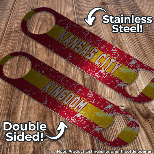 Kansas City Kingdom Distressed Yellow and Red Stripe Football Themed Pub Style Stainless Steel Bottle Opener