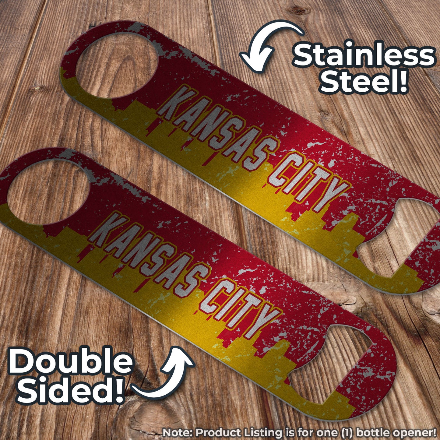 Kansas City Distressed Yellow and Red SKYLINE Football Themed Pub Style Stainless Steel Bottle Opener