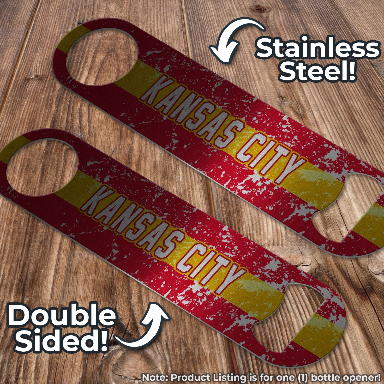 Kansas City Distressed Yellow and Red Stripe Football Themed Pub Style Stainless Steel Bottle Opener