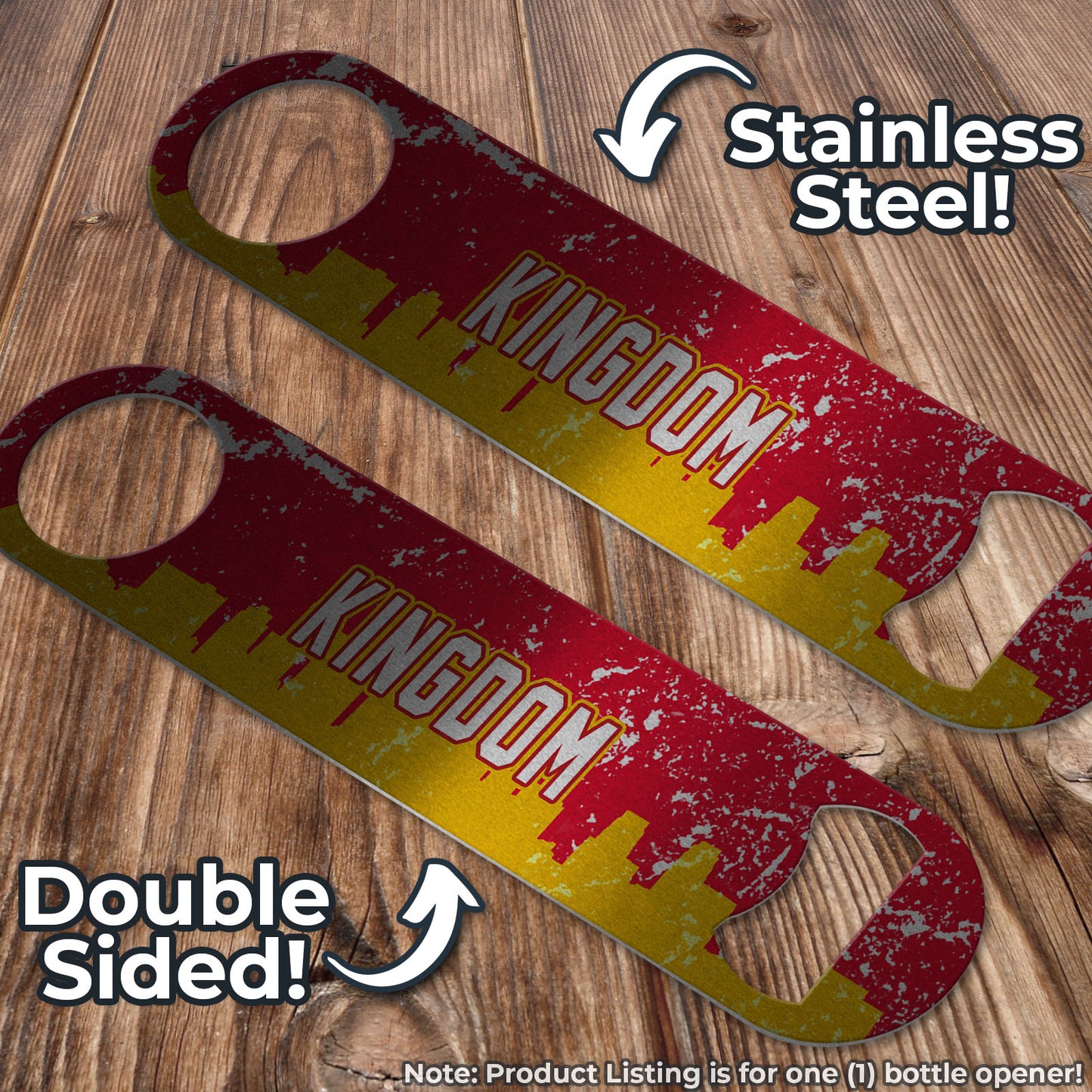 Kingdom Distressed Yellow and Red SKYLINE Football Themed Pub Style Stainless Steel Bottle Opener