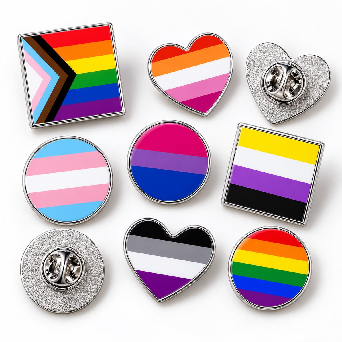 LGBT Pride Flag Pinback Button – Metal Lapel Pin in Circle, Heart or Square