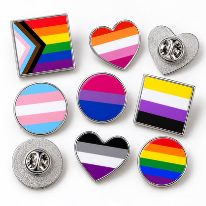 LGBT Pride Flag Pinback Button – Metal Lapel Pin in Circle, Heart or Square