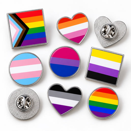 LGBT Pride Flag Pinback Button – Metal Lapel Pin in Circle, Heart or Square