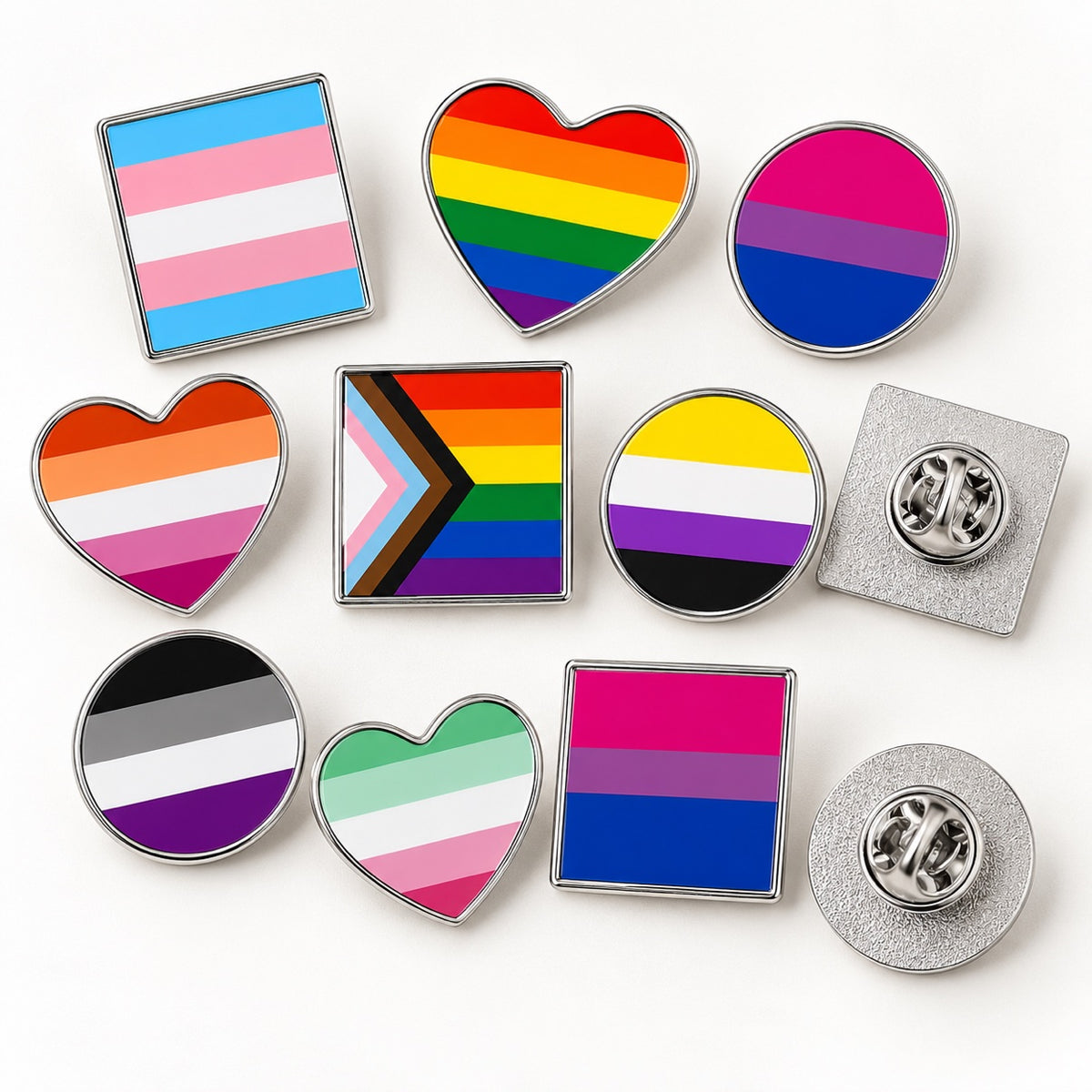 LGBT Pride Flag Pinback Button – Metal Lapel Pin in Circle, Heart or Square