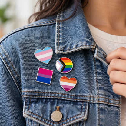 LGBT Pride Flag Pinback Button – Metal Lapel Pin in Circle, Heart or Square