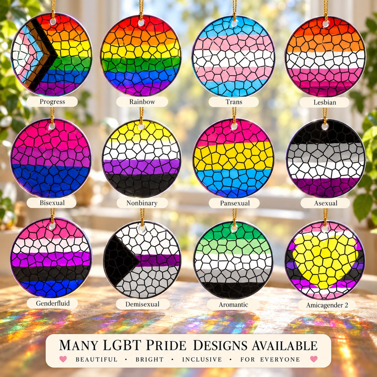 Stained Glass Effect LGBT Pride Flag Ornament – Real Glass Pride Christmas Ornament