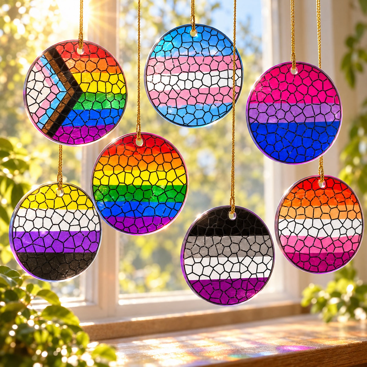 Stained Glass Effect LGBT Pride Flag Ornament – Real Glass Pride Christmas Ornament