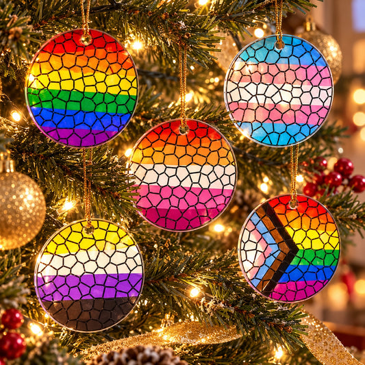 Stained Glass Effect LGBT Pride Flag Ornament – Real Glass Pride Christmas Ornament