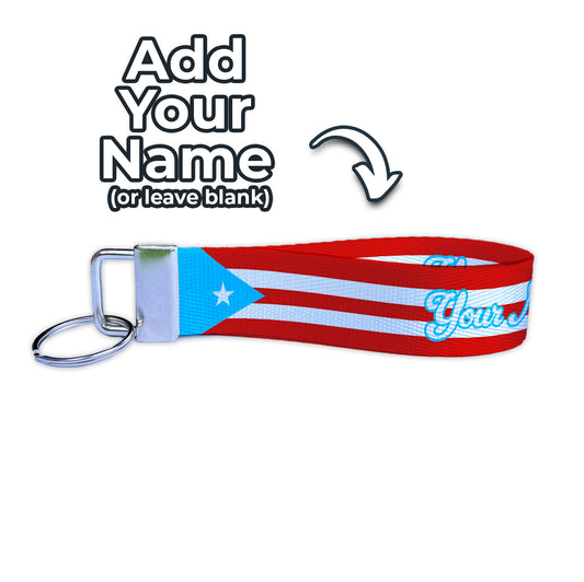 Light Blue Puerto Rico Flag Personalized Name Nylon Key Fob - Custom Wristlet Keychain