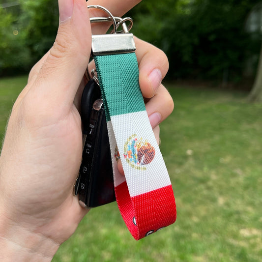 Mexican Flag Keychain Wristlet - Personalized Mexico Banner Name Nylon Key Fob with Custom Text Option