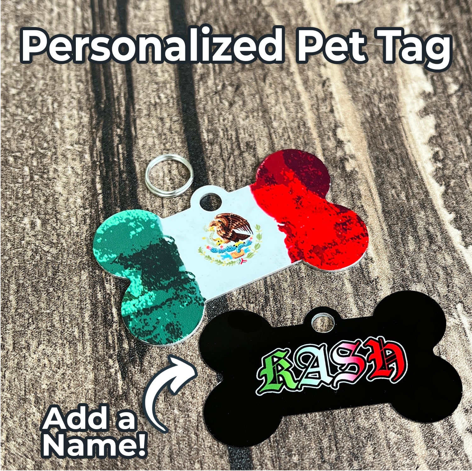 Mexican Flag Personalized Mexico Bone Shaped Pet Tag for Dogs and Cats with Pet Name