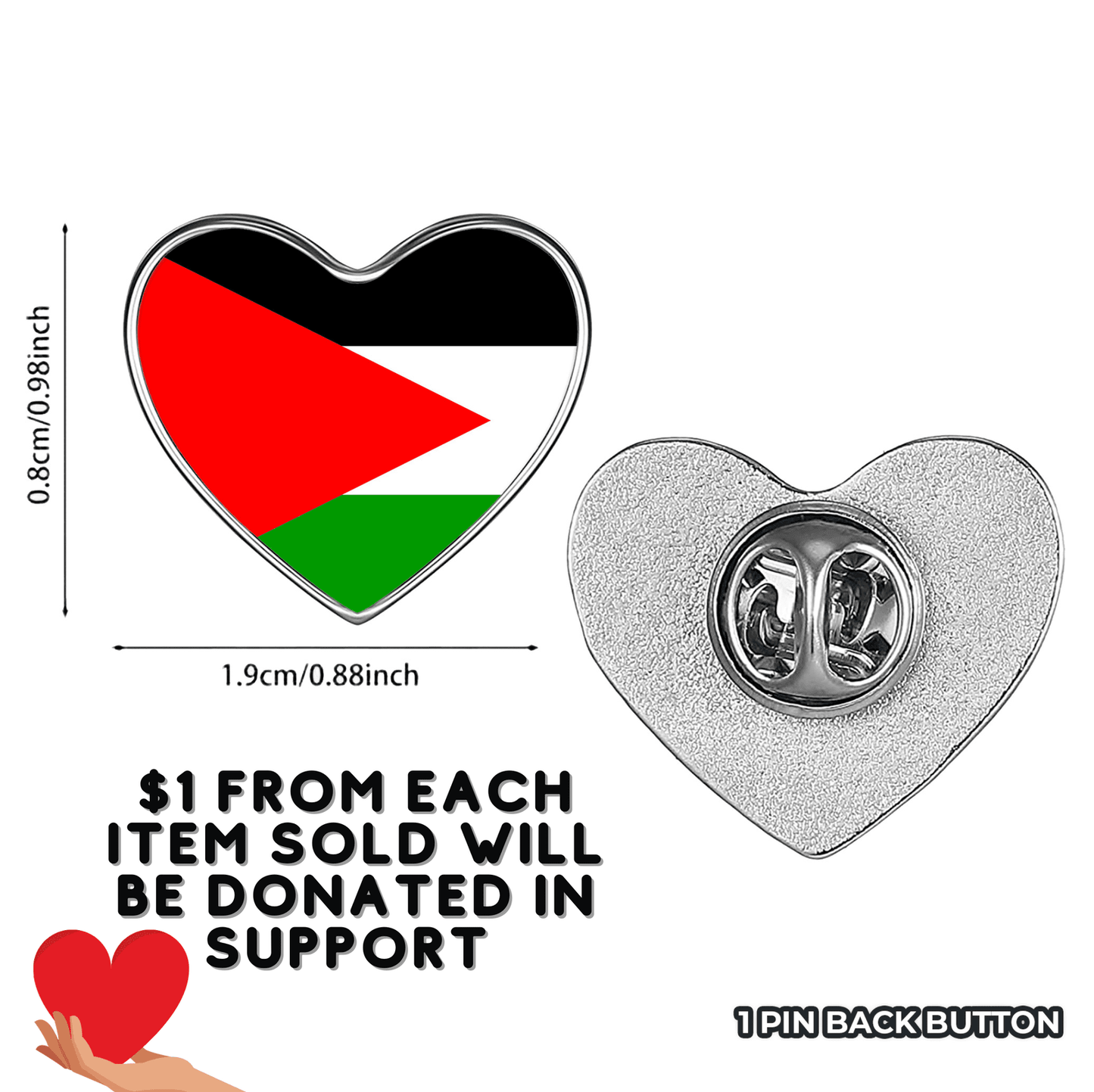 Palestine Flag Metal Heart Pinback Lapel Button - Hat Pin - Backpack Pin