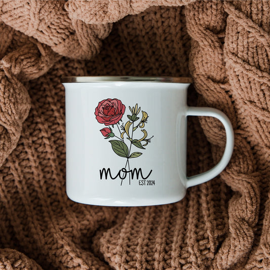 Personalized 12oz Enamel Camp Mug with Birth Month Flower, Mom Name, and Established Year - Perfect Gift for New Moms to Celebrate the Arrival of a Newborn