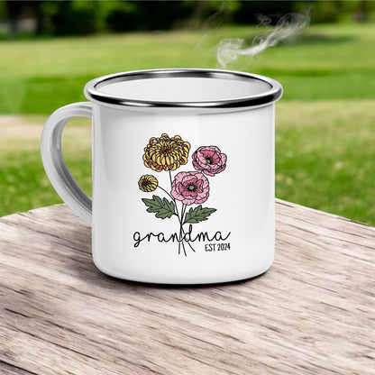 Personalized 12oz Enamel Camp Mug with Birth Month Flower, Grandma Name, and Established Year - Perfect Gift for New Grandmas to Celebrate the Arrival of a Newborn