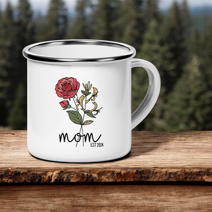 Personalized 12oz Enamel Camp Mug with Birth Month Flower, Mom Name, and Established Year - Perfect Gift for New Moms to Celebrate the Arrival of a Newborn