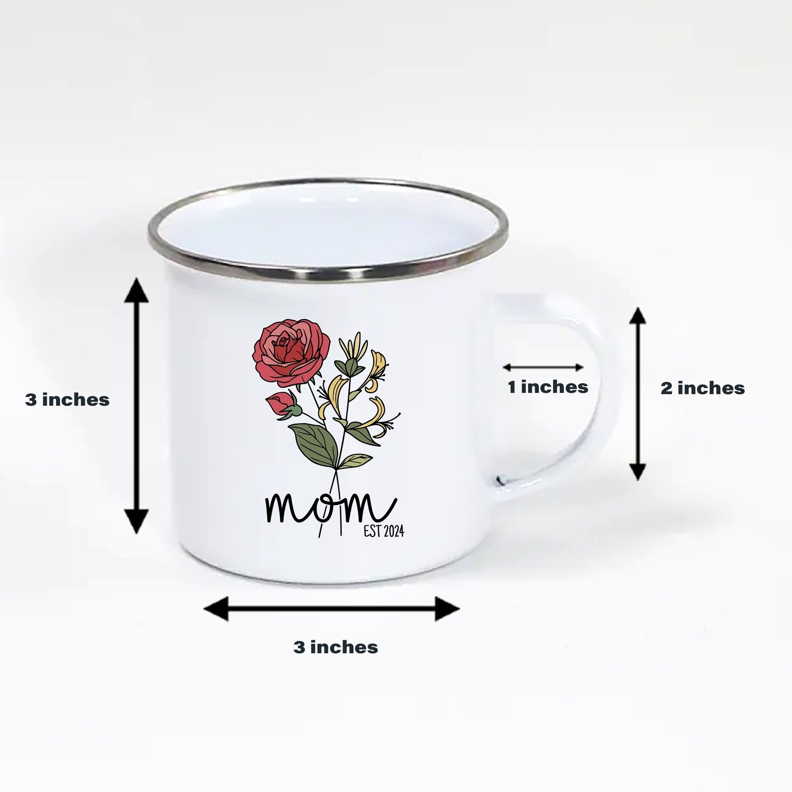 Personalized 12oz Enamel Camp Mug with Birth Month Flower, Mom Name, and Established Year - Perfect Gift for New Moms to Celebrate the Arrival of a Newborn