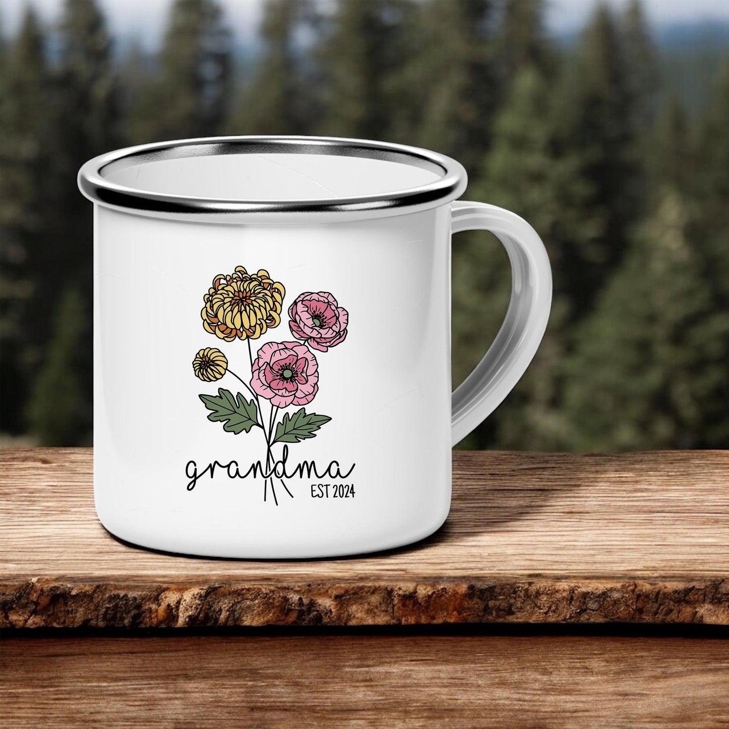 Personalized 12oz Enamel Camp Mug with Birth Month Flower, Grandma Name, and Established Year - Perfect Gift for New Grandmas to Celebrate the Arrival of a Newborn