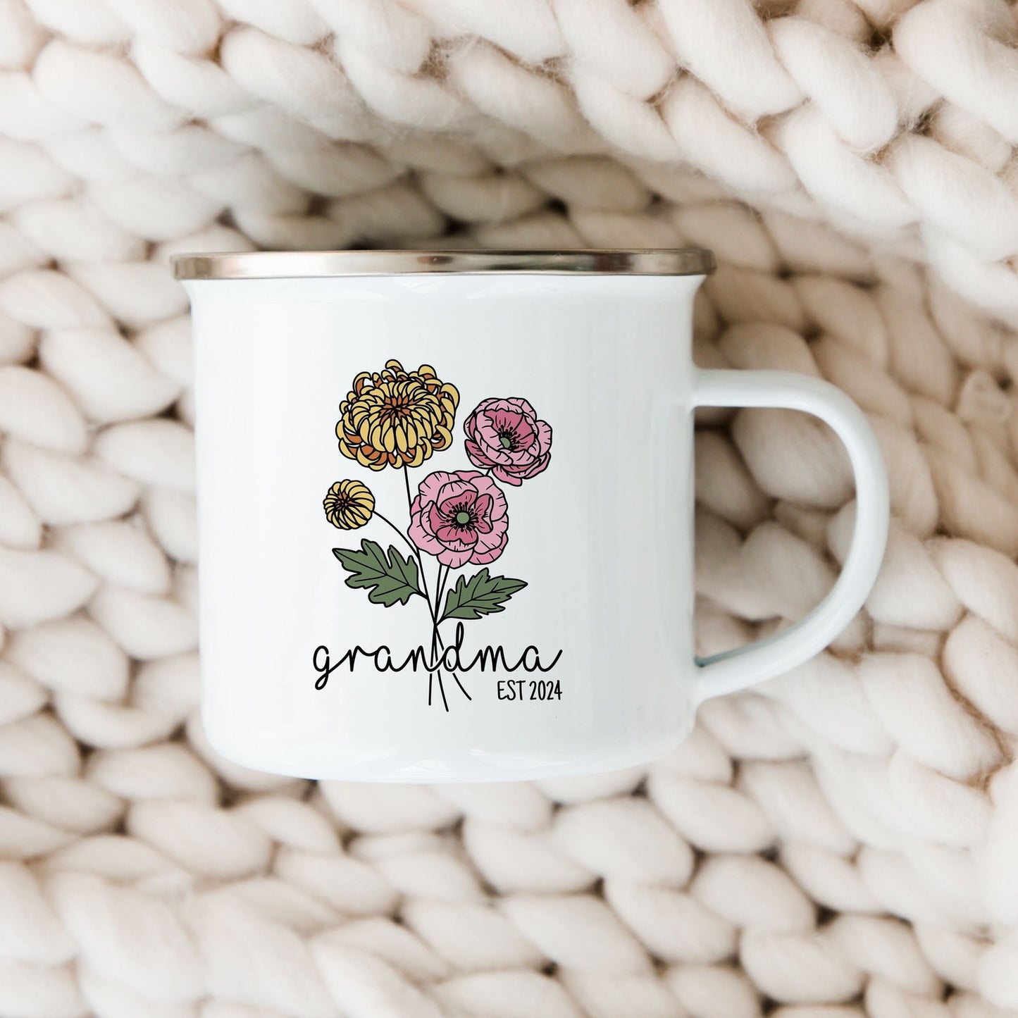 Personalized 12oz Enamel Camp Mug with Birth Month Flower, Grandma Name, and Established Year - Perfect Gift for New Grandmas to Celebrate the Arrival of a Newborn