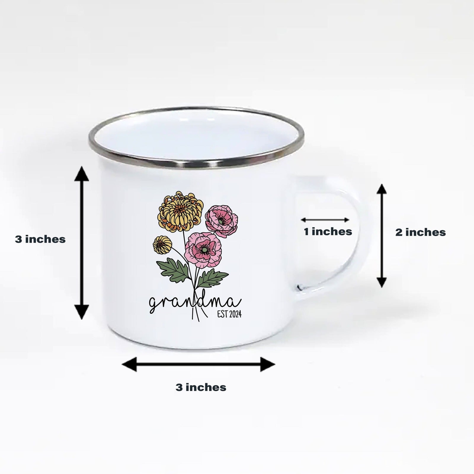 Personalized 12oz Enamel Camp Mug with Birth Month Flower, Grandma Name, and Established Year - Perfect Gift for New Grandmas to Celebrate the Arrival of a Newborn