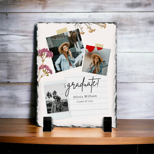 2024 Graduate Photo Collage with Flowers Custom Photo Slate with Stand
