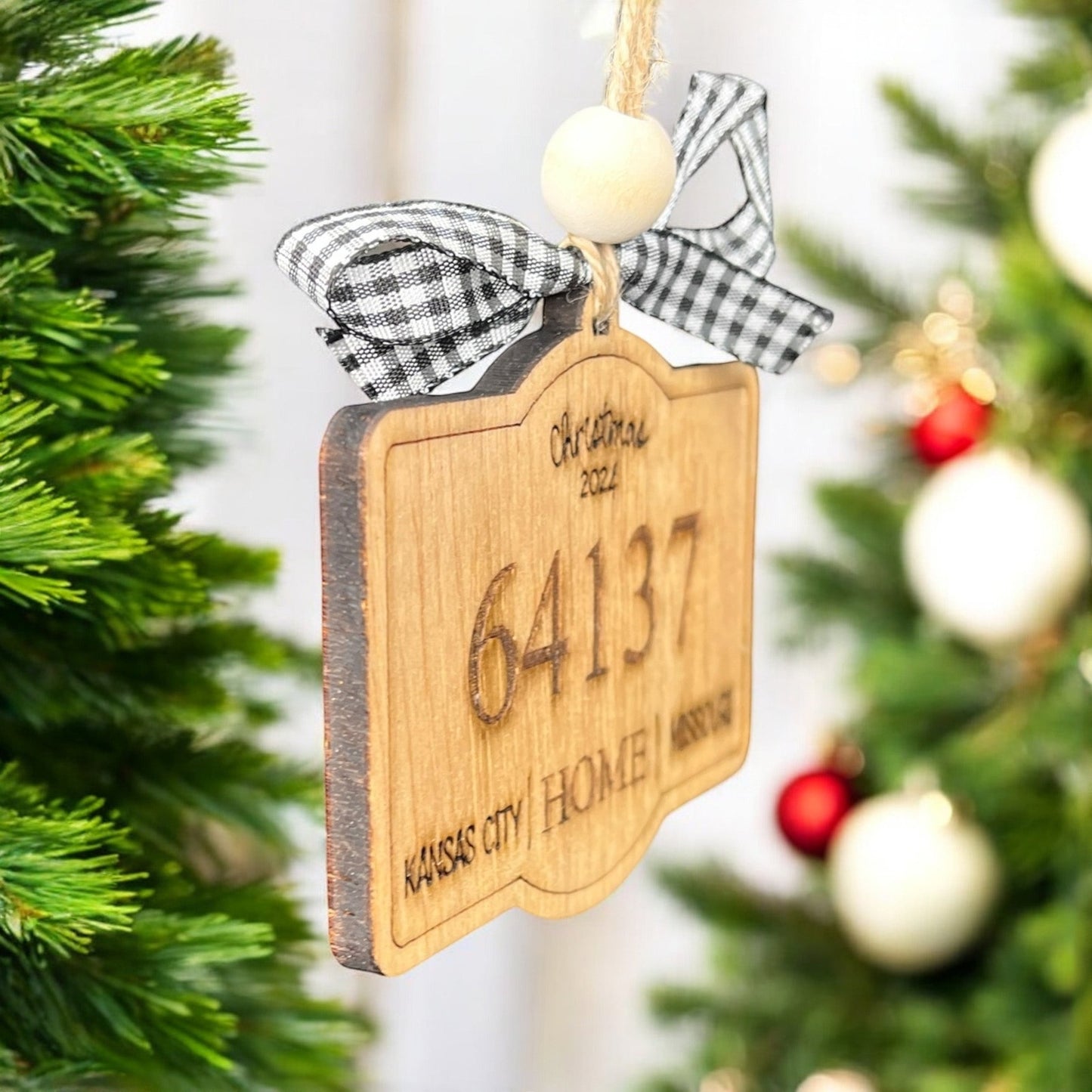 Personalized 2024 Wooden City, State, and Zip Code Christmas Ornament – Custom Engraved with Twine Hanger, Bead, and Ribbon Bow