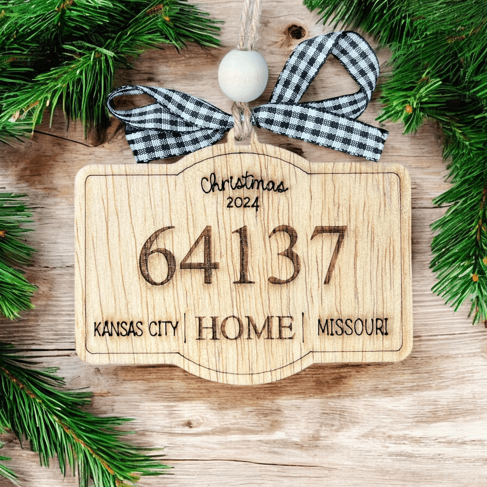 Personalized 2024 Wooden City, State, and Zip Code Christmas Ornament – Custom Engraved with Twine Hanger, Bead, and Ribbon Bow