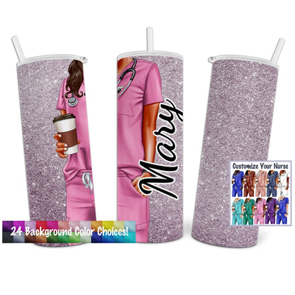 Personalized 20oz Tumbler with Faux Glitter Background and Customizable Nurse in Scrubs - Add Your Text