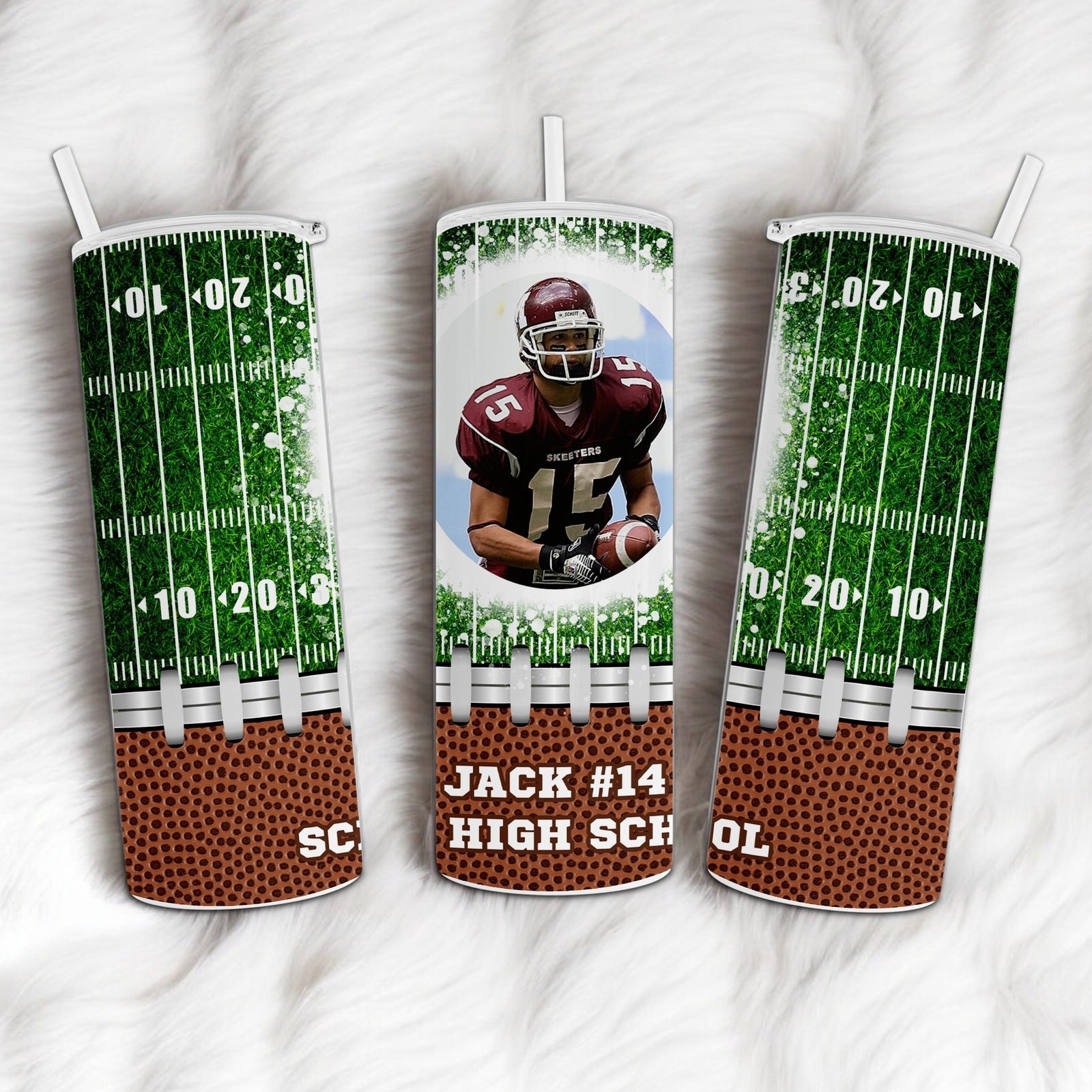 Personalized 20oz Tumbler with Football Field Background, Custom Photo, and Text - Perfect Gift for Sports Fans