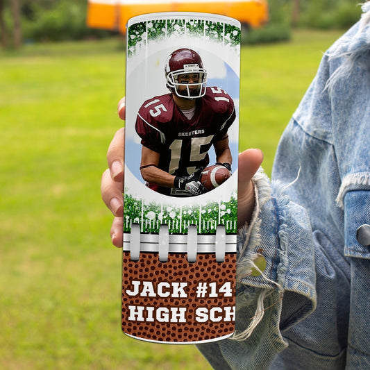 Personalized 20oz Tumbler with Football Field Background, Custom Photo, and Text - Perfect Gift for Sports Fans