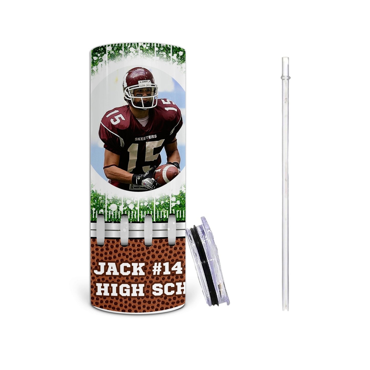 Personalized 20oz Tumbler with Football Field Background, Custom Photo, and Text - Perfect Gift for Sports Fans