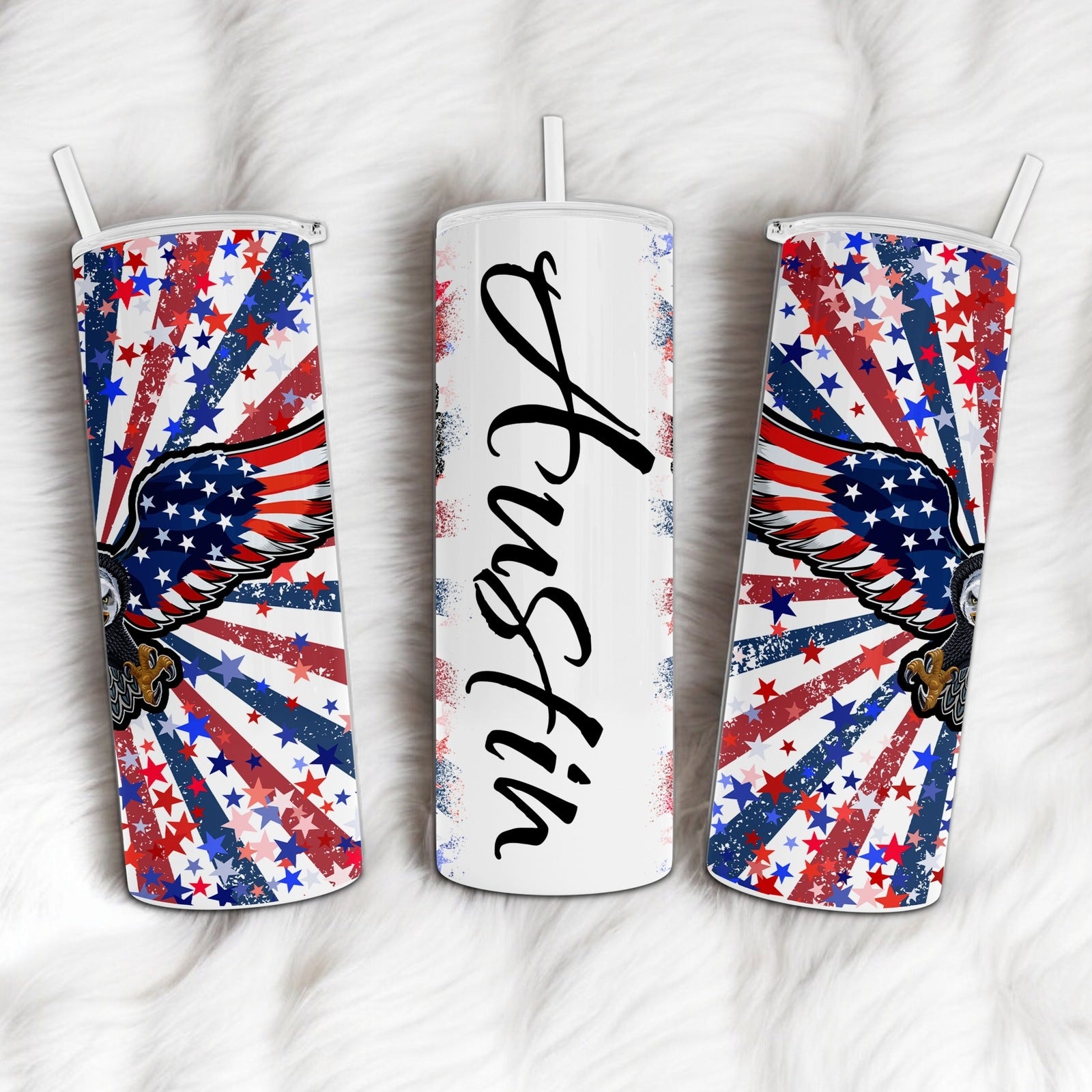 Personalized American Eagle Burst - Add Your Name Tumbler - 20oz Stainless Steel Tumbler with Lid and Straw