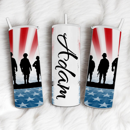 Personalized American Soldier - Add Your Name Tumbler - 20oz Stainless Steel Tumbler with Lid and Straw