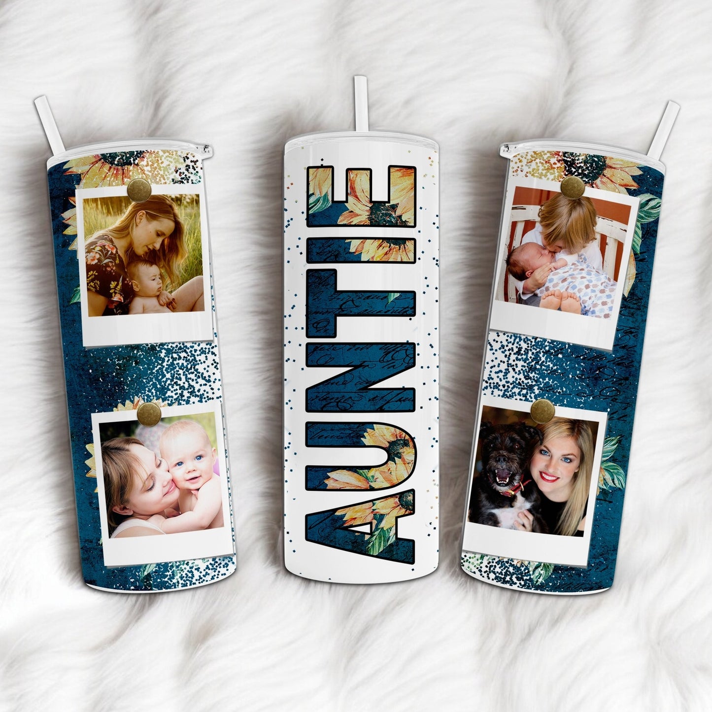 Personalized Auntie Blue Sunflower Custom Photo Collage Tumbler