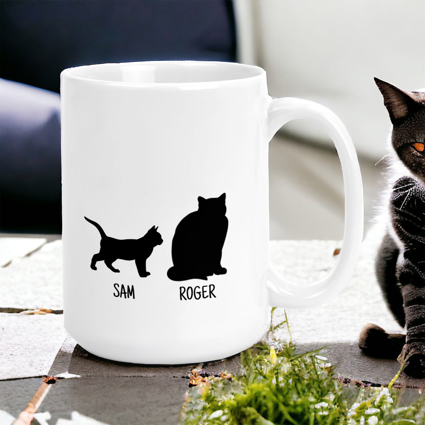 Personalized Cat Silhouette with Cat Names - Custom 15oz Ceramic Coffee Mug - Add up to 6 cats!