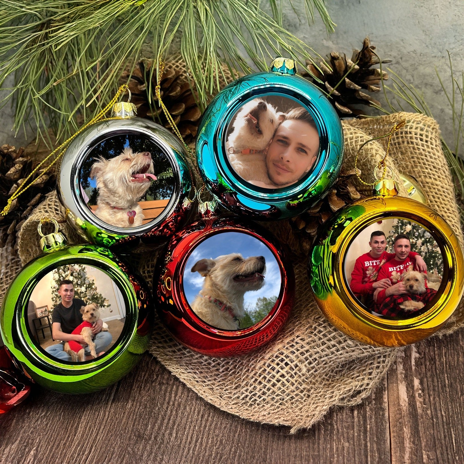 Colorful personalized Christmas photo ornaments