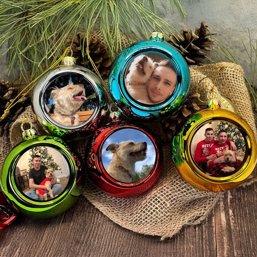 Colorful personalized Christmas photo ornaments
