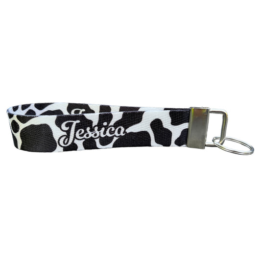 Personalized Cow Print Design Nylon Key Fob - Custom Black and White Pattern Wristlet Keychain