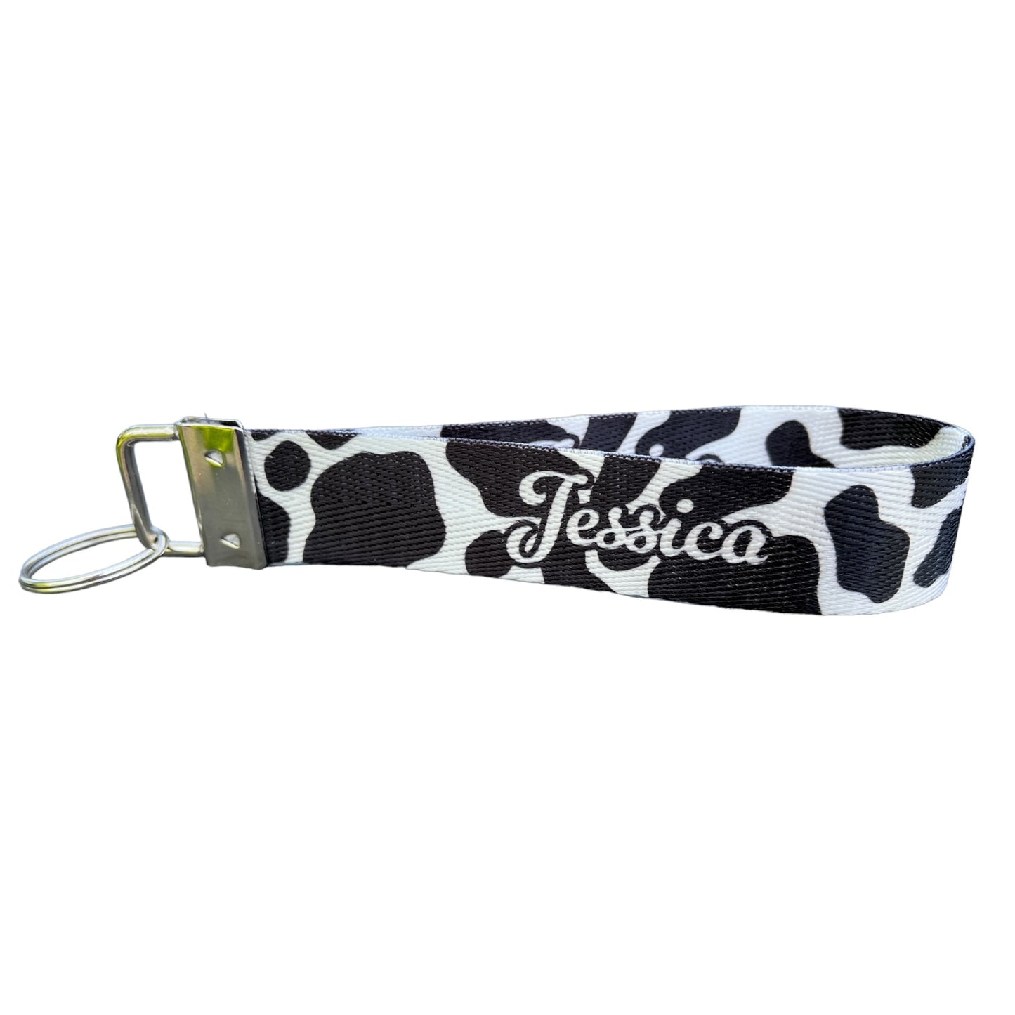 Personalized Cow Print Design Nylon Key Fob - Custom Black and White Pattern Wristlet Keychain